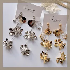 【304ステンレス 24KGP 本金メッキ ポスト】ゴールド シルバー メタル フラワー ワイヤー ロング 天然石 ピアス クリスタル クリア ビーズ 花びら お花 くねくね チェーン チャーム ハンドメイドピアス アレルギー対応 【イヤリング変更可能】