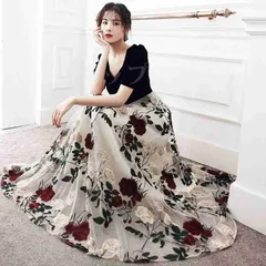 ドレス 黒 ベロア ベルベット 刺繍 花柄 オシャレ キレイめ ドッキング チュール ロングドレス ワイン赤 パフスリーブ 発表会ドレス パーティードレス Aライン ショート丈 ミモレ丈 ロング丈 半袖 成人式ドレス 結婚式 二次会 お呼ばれ JKAm398