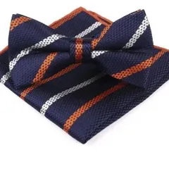 ネイビー ストライプ 蝶ネクタイ & ポケットチーフ セット　結婚式　発表会　七五三祝い　イベント　パーティー　ダンスパーティー　バーテンダー　卒業式　卒園式　入学式　入園式　入社式　成人式　父の日　格安　ネイビー　オレンジ　ホワイト　シルバー　ストライプ柄