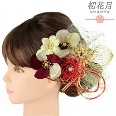 髪飾り 成人式 振袖 袴 花 9点セット 赤 臙脂 ワインレッド ベージュ ゴールド パール ビーズ レース 造花 ベロア調 ユニーク No.12-0761