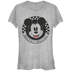 【送料無料】 ディズニー レディース Tシャツ トップス Disney's Mickey Mouse Checkered Stamp Juniors' Graphic Tee Athletic Heather