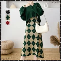 ニットセットアップ レディース 韓国風ショート丈 ニットトップス アーガイル柄 キャミワンピース フェミニン ツーピースセット 着やせニットワンピ 2点セットお洒落ニットセット きれいめワンピース ニットアンサンブル