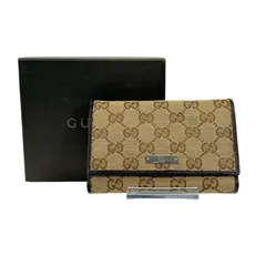 【美品】GUCCI グッチ GGキャンバス 二つ折り財布 ブラウン ベージュ 茶色 コンパクトウォレット 154258 シルバー金具 レディース メンズ レザー 本革