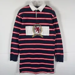 古着 トミージーンズ TOMMY JEANS 長袖 ラガーシャツ ビッグロゴ刺繍 マルチカラー ボーダー ワンポイントロゴ S  ネイビー メンズ