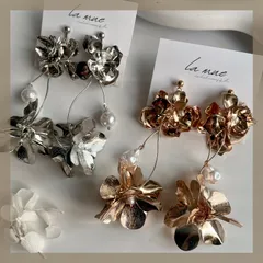 【304ステンレス 24KGP】ハンドメイドピアス 大ぶり メタルフラワー お花 ウェディング ニュアンスパール ゴールド シルバー アレルギー対応 【イヤリング変更可能】