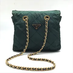 良品 PRADA プラダ 三角ロゴ プレート ナイロン キルティング チェーン ショルダー バッグ グリーン レディース k5035