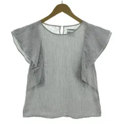 グローバルワーク GLOBAL WORK カットソー 半袖 フレアスリーブ FRENCH LINEN フレンチリネン100％ ストライプ ホワイト 白 ネイビー 紺 M