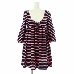 バーバリーブルーレーベル BURBERRY BLUE LABEL チュニック ワンピース ミニ フレア 七分袖 ボーダー リボン 刺繍 コットン 38 M ピンク 紺 ネイビー /KU