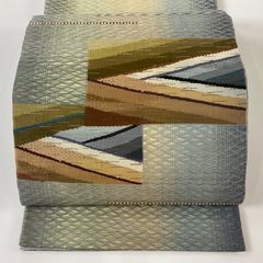 袋帯 美品 秀品 幾何学模様 青灰色 お太鼓柄 正絹 【中古】