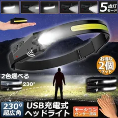 ヘッドライト 2個セット 充電式 USB LEDデュアル光源 ヘッドランプ 5種点灯モード 70g超軽量 高輝度 アウトドア用ヘッドライト IPX4防水 アウトドア