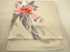 名古屋帯 正絹 作家物 手描き牡丹 花模様 アイボリー地 塩瀬 落款入り