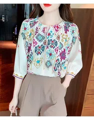 【アプリコット★ＸＬ】レディース ブラウス シャツ 七分袖　大きめ　体型カバー　幾何学模様