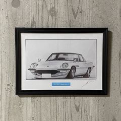 マツダ コスモスポーツ　鉛筆画　名車 旧車 ノスタルジックカー イラスト 絵画 デッサン 絵　A4サイズ   額付き 作者直筆サイン入り 車好き 男性 向け バースデー  退職祝い ギフト クリスマス プレゼント にも最適