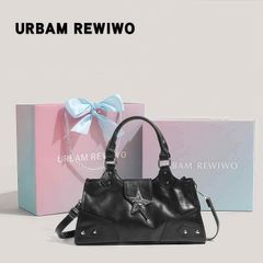 **URBAM REWIWO 2025年新作 トートバッグ ミディアムサイズ レザー風ショルダーバッグ 人工皮革 ブラック リベットデザイン 日常使い**