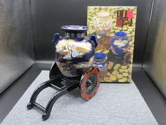 ★陶器 陶磁器 九谷焼 明陶窯 御所車 鶴絵 花器 花生 花瓶 飾壺 【箱有り】