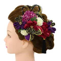 髪飾り 成人式 水引 つまみ細工 赤 振袖 前撮り 袴 花 2点セット 紫 赤紫 白 黒 ちりめん 玉飾り 房 かんざし 洋装 日本製 レ No.9-5031