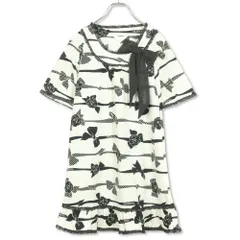 【美品】インゲボルグ★プリントワンピース チュニック サイズ9 白×黒系 リボン付き♪カメリア柄 z12321