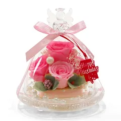 新品　プレミアム (ピンク/バースデーモデル) エンジェル プレゼント バラ ガラスドーム 天使 (誕生日/結婚祝い/退職祝い/還暦) プリザーブドフラワー 花 ギフト IPFA お祝い