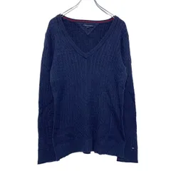 TOMMY HILFIGER Vネック セーター L ネイビー ケーブル ニット 春夏 古着卸 アメリカ仕入 a505-5561