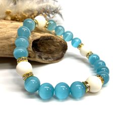 キャッツアイ(ライトブルー)×ホワイトオニキス パワーストーン ブレスレット  (ゴールド) メンズ・レディース　男性・女性　数珠ブレス 開運 [23]
