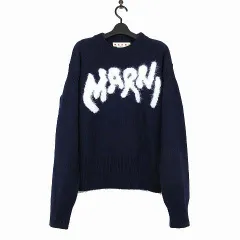 マルニ MARNI 2022AW ニット セーター シェットランドウール クルーネック ロゴ ニット GCMG0262Q0 UFH935 長袖 M 46 紺 ネイビー 白 国内正規品のサムネイル
