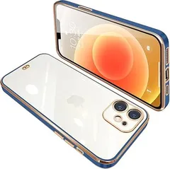 iPhone12 mini ケース クリア 透明 アイフォン12mini カバー スマホケース 全面保護 耐衝撃 TPU メッキ加工 シリコン スリム 薄型 ストラップホール付き 落下防止（ブルー）