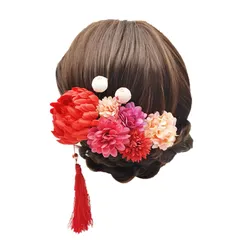 髪飾り 和風 9点セット ヘッドドレス 菊 タッセル ヘアピン レディス ヘアアクセサリー 赤 Uピン 花 黄色 和装 髪飾り タッセル 袴 着物 振袖 浴衣 髪飾り 成人式 卒業式 七五三 夏祭り (C 赤) 1