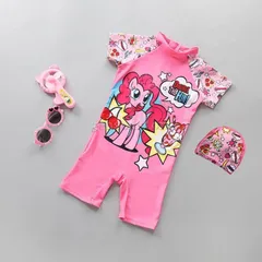 連体水着 オールインワン キッズ 女の子 半袖 ラッシュガード スイムウェア キャップ付き スイミング 水泳 海水浴 温泉 プール 可愛い バックジッパー 夏　