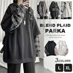 パーカー ツートンブレンドチェック チェック柄 全3色 ビッグシルエット トップス プルオーバー 韓国ファッション ビッグプルオーバー メンズ レディース カットソー トレーナー 長袖 長そで 十分袖 十分そで 10分袖 ボリューム袖