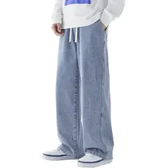 [Lopis] メンズ デニムパンツ お洒落 ジーンズ 無地 パンツ 調整紐 ロングパンツ ワイドパンツ ウエストゴム ズボン 履き心地 ゆったり (M, ライトブルー) [ライトブルー] [M]
