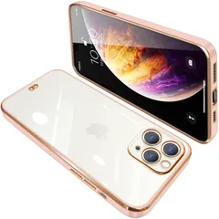 iPhone11 Pro Max ケース クリア 透明 アイフォン11pro max カバー スマホケース 耐衝撃 TPU メッキ加工 シリコン スリム 全面保護 薄型 ストラップホール付き 落下防止（ピンク）
