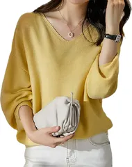 Size:M_Color:イエロー [J.STORE] vネック ゆる 春 ニット きれいめ 体型カバー オフィス カジュアル サマーニット キレイめ 可愛い ゆったりニット カワイイ スッキリ 無地 インナー 大人 フォーマル ユッタリ キレイメ おしゃれ