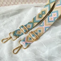 ショルダーストラップ 単品　刺繍ステッチ（グリーン系・ピンク系）エスニック　ショルダーベルト　幾何学模様　アフリカンモザイク柄