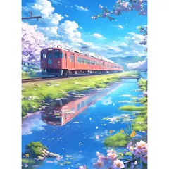 新品 UNIQUORS ダイヤモンドアート春の鉄道旅キット 青空と白い雲の下桜並木と川 モザイクアートおしゃれ 全貼 ダイヤモンドペインティングキット家の装飾に適している30x40cm