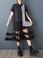 モード系  ニューデザイン 新作  ファッション  デザイン  不規則  チェック柄   スプライシング  メッシュ  ウエスタンスタイル  シャツワンピース