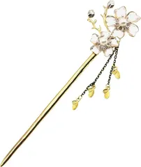 Miaomyao ミャオミャオ 簪 かんざし 一本挿し 和装 留袖 着物 髪飾り 金属 アンティーク キュービックジルコニア ペア カップル ダブル フラワー 桜 花 花びら 蕾 パール ゴールド ヘアアクセサリー(シルバー,  ワンサイズ)
