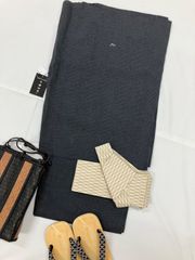 ≪花ラブリ≫MY4L338GR　浴衣　新品　メンズ　男性　4Lサイズ　黒系　炭黒系　濃グレー系　縦縞　千都四季　綿85% 麻15% 着物　和装　シボ　夏祭り　花火大会