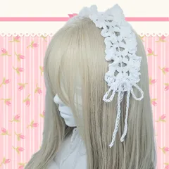ハンドメイド　ヘッドドレス　カチューシャ　フリル　リボン　ホワイト　コットン