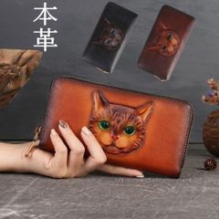 ワチフィールド ラウンドファスナー長財布 猫と女性の型押しデザイン 