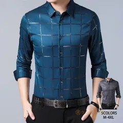 シャツ メンズ チェック柄 ワイシャツ サテン フォーマル おしゃれ しわになりにくい オシャレ カジュアル 派手 厚手 ビジネス オフィス 襟付き 長袖 ドレスシャツ 仕事 春 秋 chenxuan01