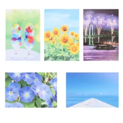 新品 【5枚入り】 ポスト カード 写真 メッセージ 涼しげ 夏 花火 青い海 朝顔 ドリンク 暑中見舞い グリーティング お祝い プレゼント おしゃれ ミニカード 大人 向け 14.8×10cm リーフ ワーク カンパニー 季節の挨拶 サマーセット