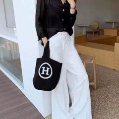 韓国 Hロゴ ニット トート バッグ ハンドバッグ 手提げ 買い物 おしゃれ 冬