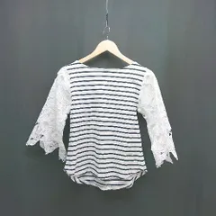 ◇ GLOBAL WORK クルーネック ボーダー柄 メッシュ生地 カジュアル 七分袖 Tシャツ サイズS ホワイト レディース E  【1310130021523】