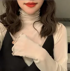 カットソー レーストップス シースルー長袖 日焼 ベージュFトップス 薄い レース 長袖 Tシャツ インナー タートルネック レディース 紫外線防止 可愛い