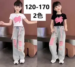 キッズ ダボパン 子供服 セットアップ 上下セット Tシャツ+ジーンズ 2点セット 夏 ダメージ加工 女の子 ジュニア tシャツ 薄手 半袖 長パンツ 長ズボン ワイドパンツ  ボトムス カジュアル KSGA022(2色120-170)