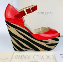 美品★JIMMY CHOO・ジミーチュウ レディース パテントレザー オープントゥ プラットフォーム ハラコ ゼブラ柄 パンプス（36）のサムネイル