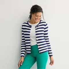 【送料無料】 クロフト＆バロー レディース ニット・セーター アウター Petite Croft & Barrow Crewneck Long Sleeve Button Front Textured Cardigan Navy White Stripe