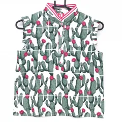 【超美品】アルチビオ ノースリーブポロシャツ 白×グリーン サボテン柄 メッシュ調 レディース 36(S) ゴルフウェア archivio