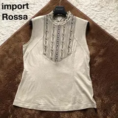 import Rossa インポートロッサ リネン混 ノーカラーブラウス カットソー プルオーバー 胸元レース 刺繍 フリル グレージュ 大きいサイズ 42