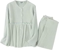 Hotvivid パジャマ レディース 長袖 ルームウェア 二重ガーゼ 部屋着 上下セット(グリーン,  L)